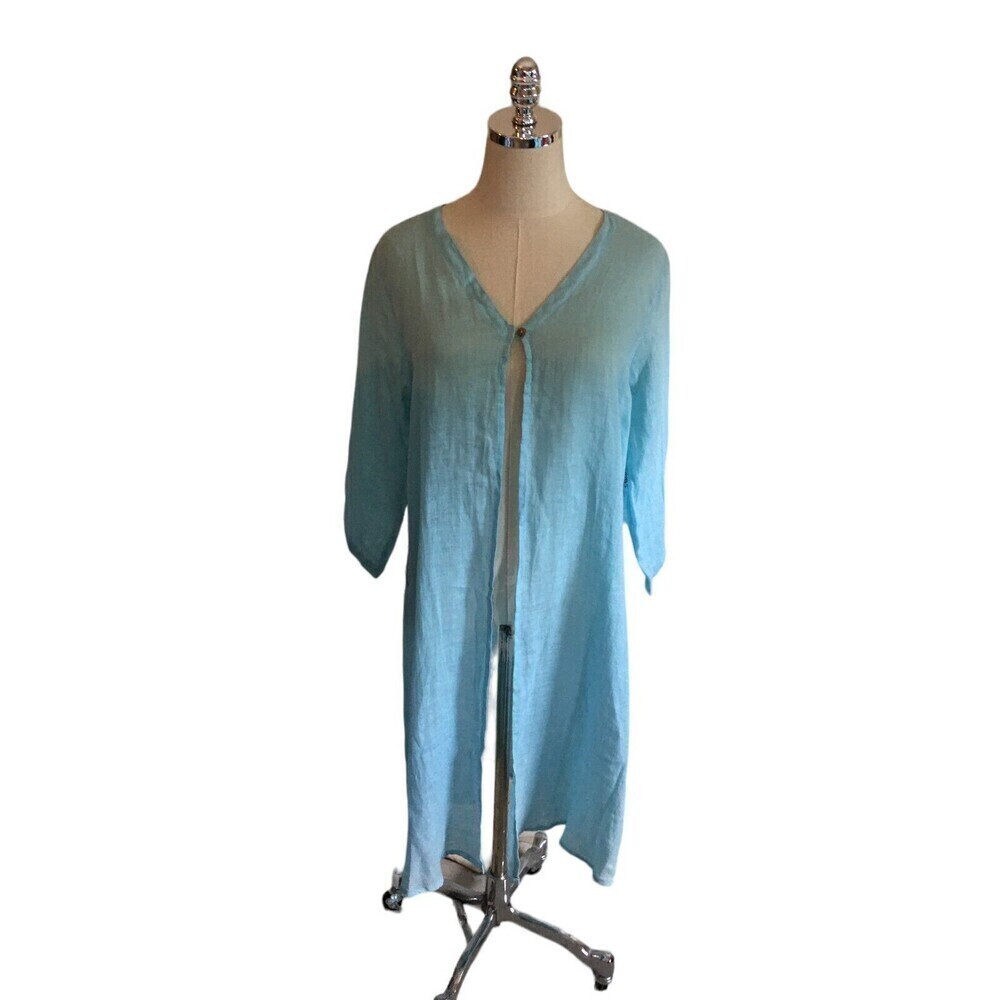 Color Me Cotton CMC Duster Women's Size Large Light Blue Linen 3/4 Sleeve